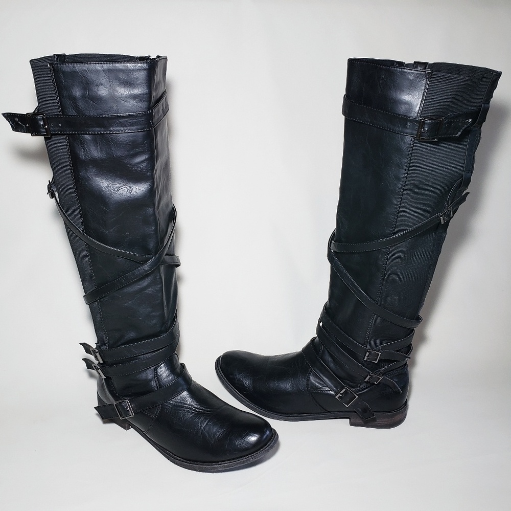 Knee High Black Strappy Boots size 11